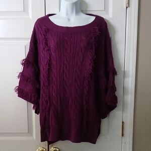 New York & Co Eggplant Purple Cable Knit  Fringe Sweater  Sz XL NWOT
